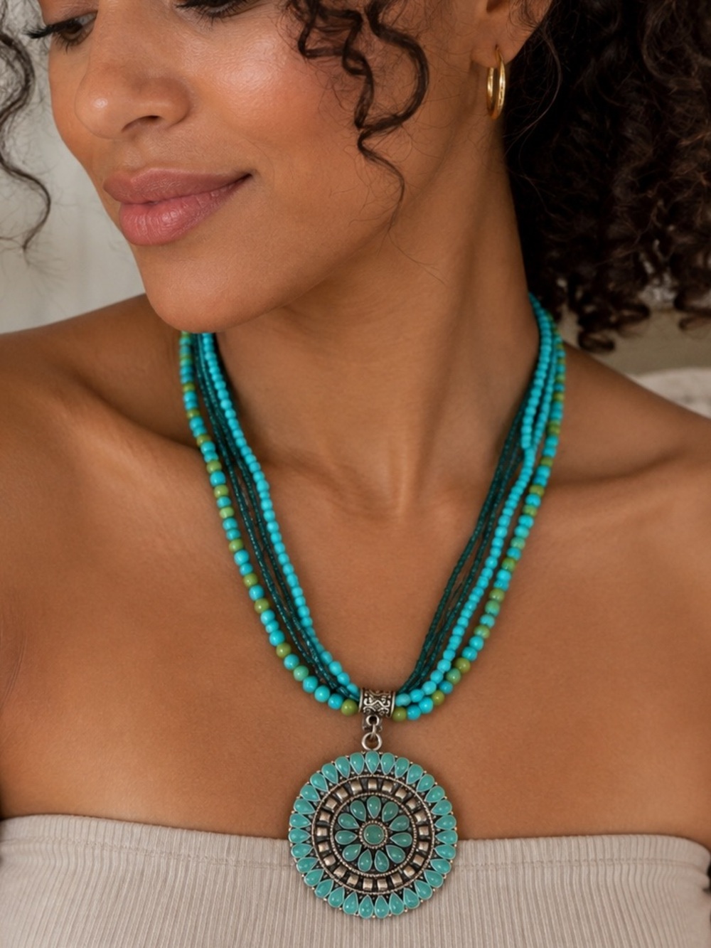 Turquoise Multi Strand Beaded Necklace Large Medallion Pendant Boho Statement